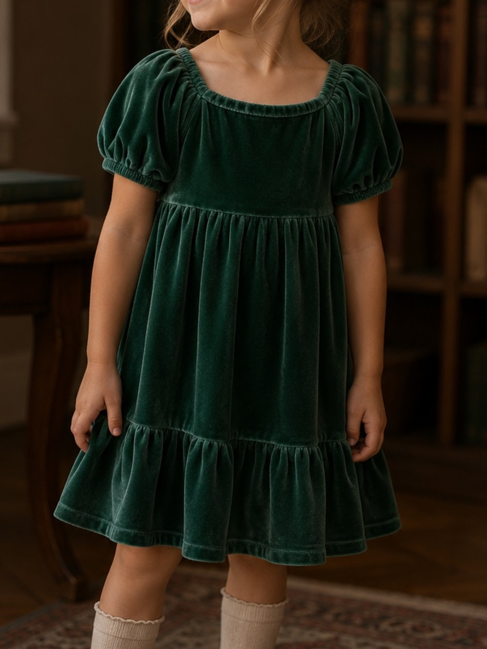 Carter's Green Velvet Puff-Sleeve Smocked Holiday Party Formal Dress